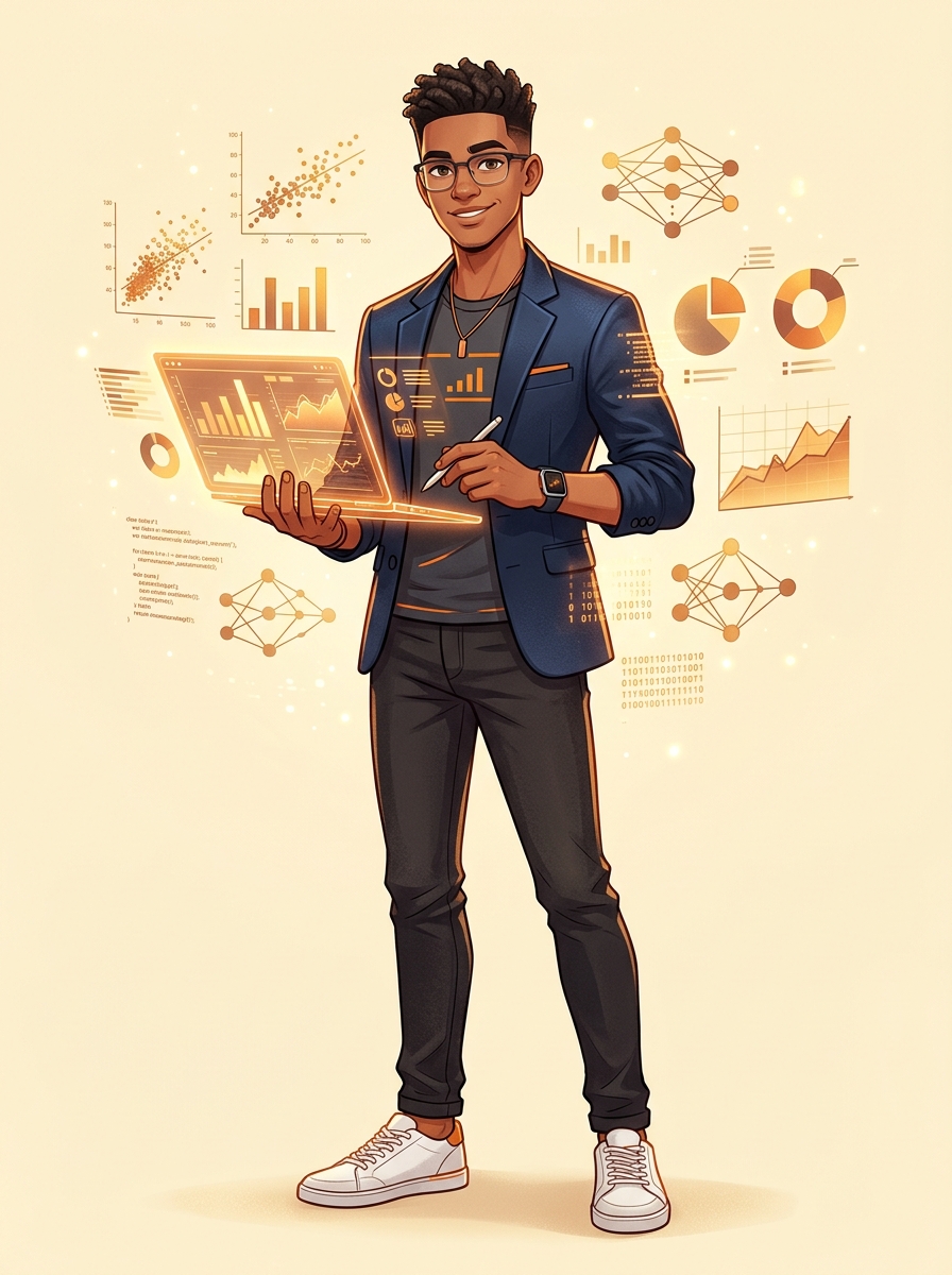 Data Scientist Avatar - A futuristic character with holographic data visualizations